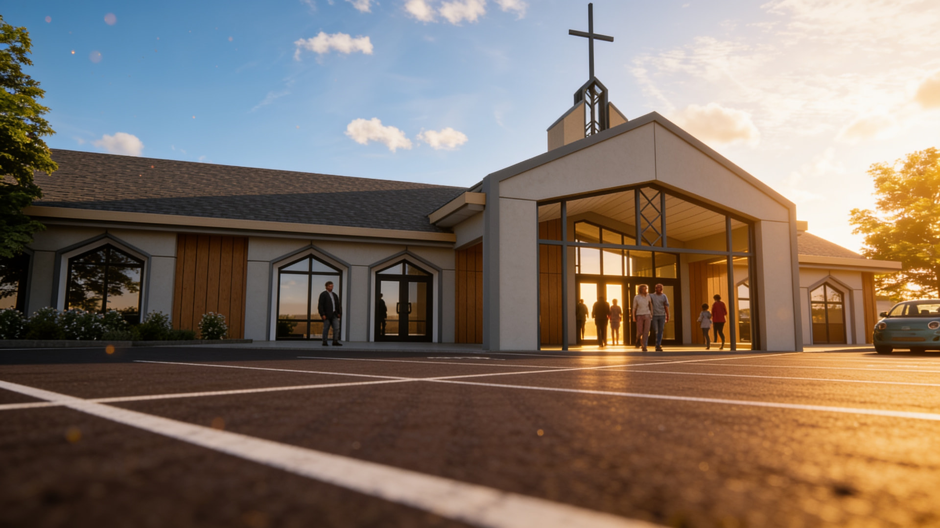Families walking into Cornerstone Christian Reformed Church at golden hour